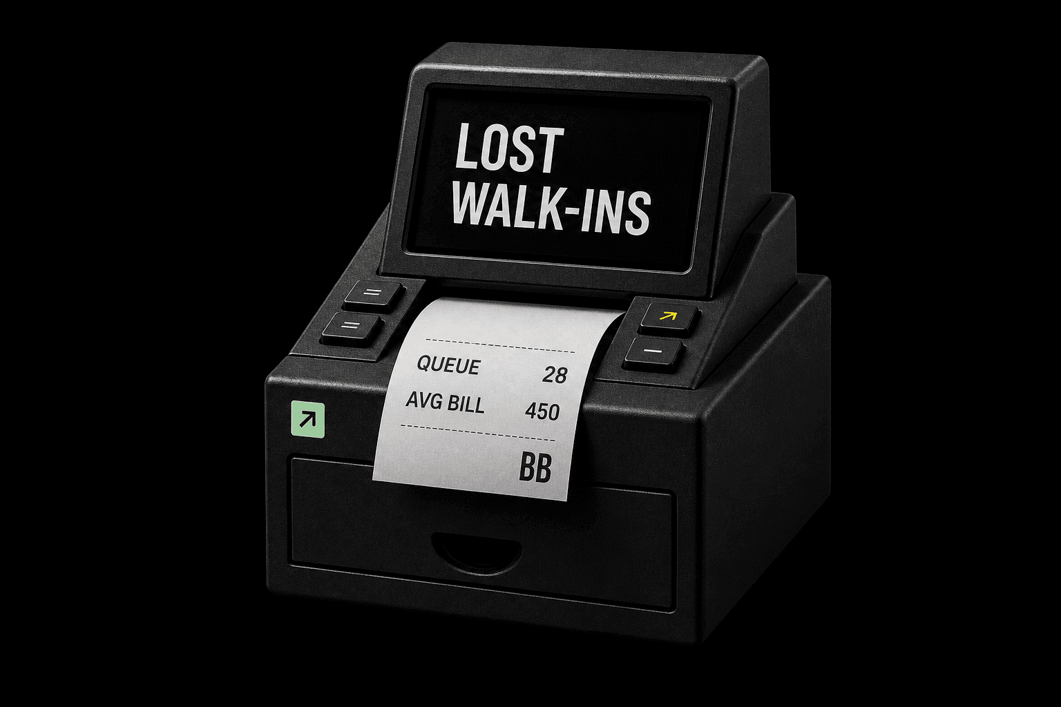 Black Barber Bhaiya terminal labeled Lost Walk-ins with queue and average bill receipt.